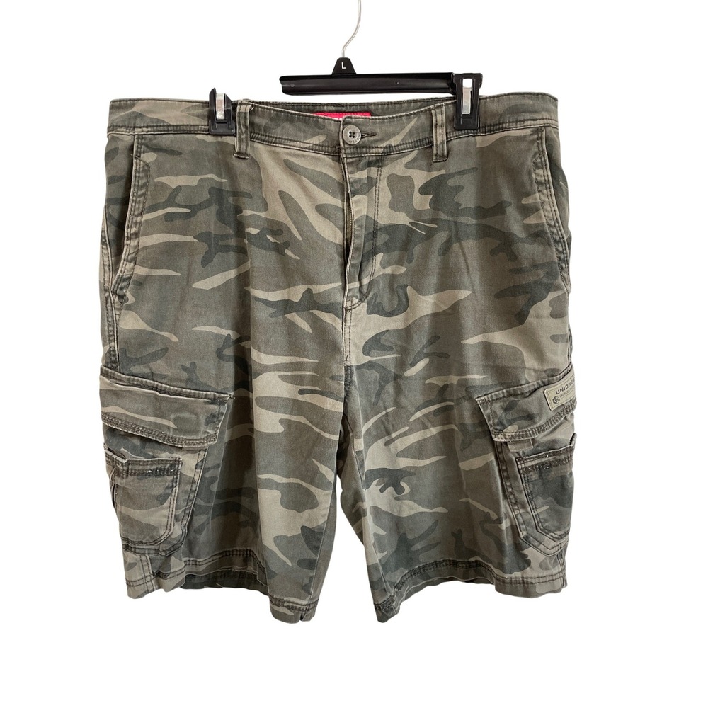 Vtg Unionbay Mens Camouflage Cargo Shorts Green‎ Grey Camo Stretch Size 40 Y2K
